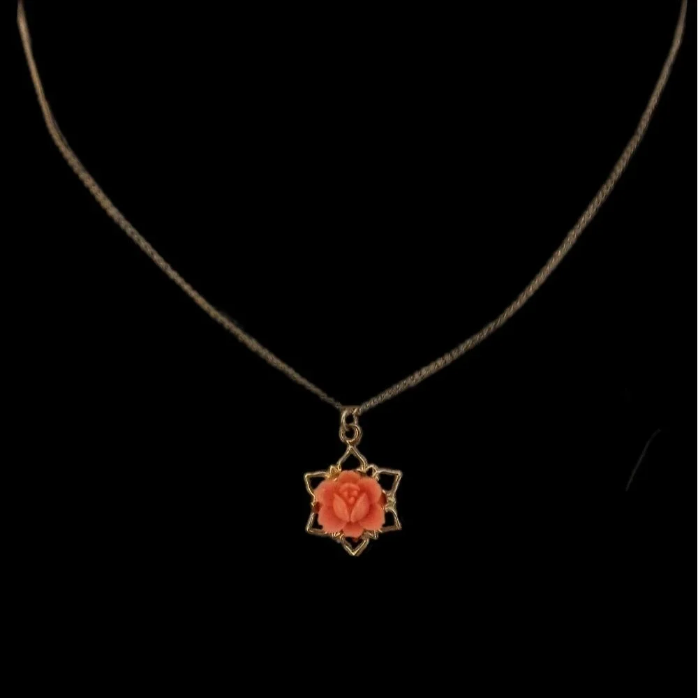 Faux coral rose‎ pendant necklace vintage SKUJ041